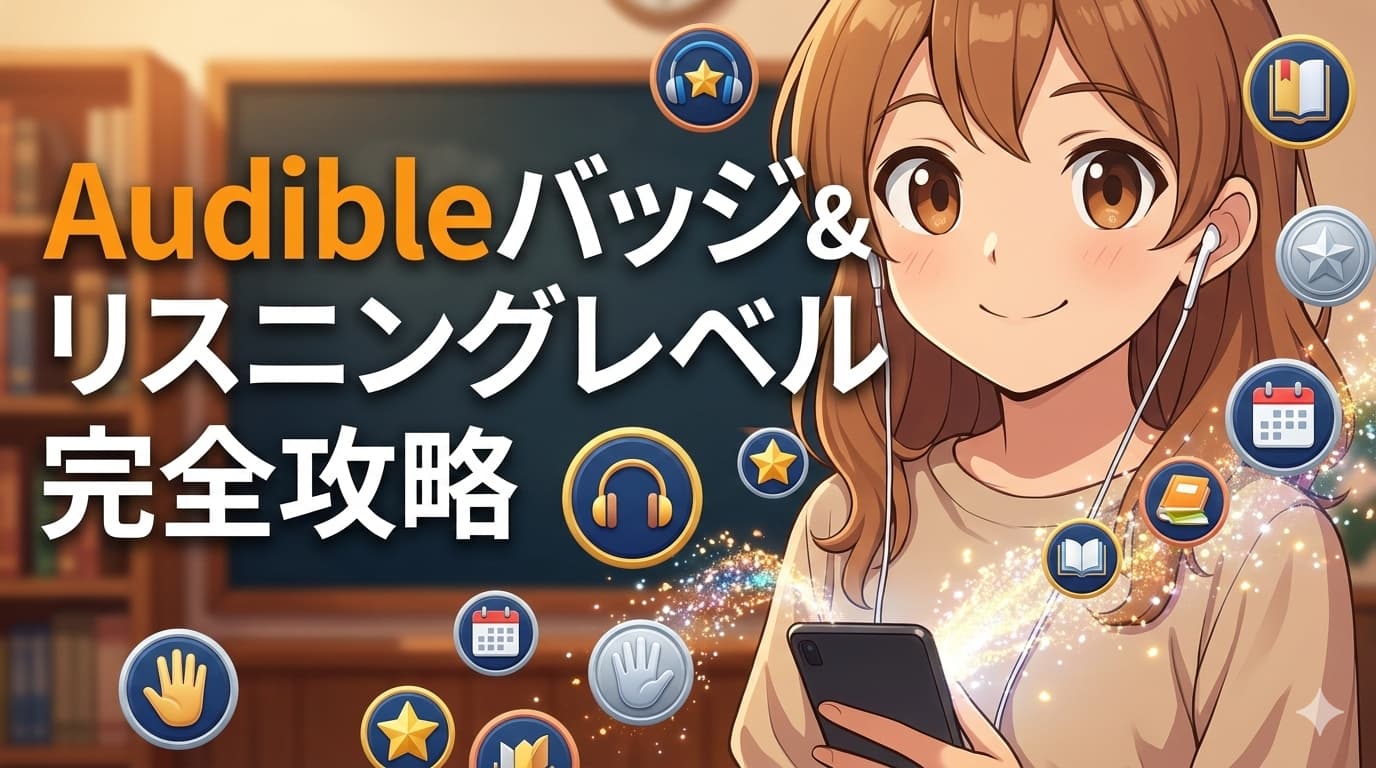 Audible（オーディブル）のバッジとリスニングレベルの獲得条件を解説するアイキャッチ画像