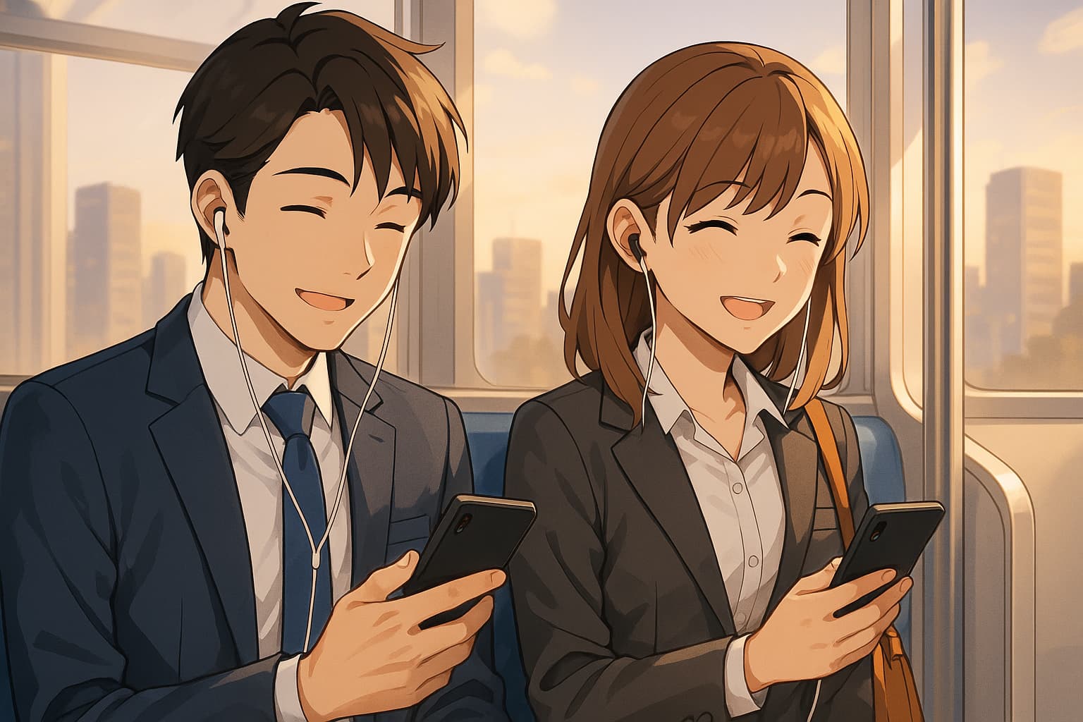 通勤電車でAudibleを楽しむスーツ姿の若い男女。イヤホンでビジネス書を聴きながら微笑む様子のアニメ風イラスト（2025年版Audibleおすすめビジネス書記事用）